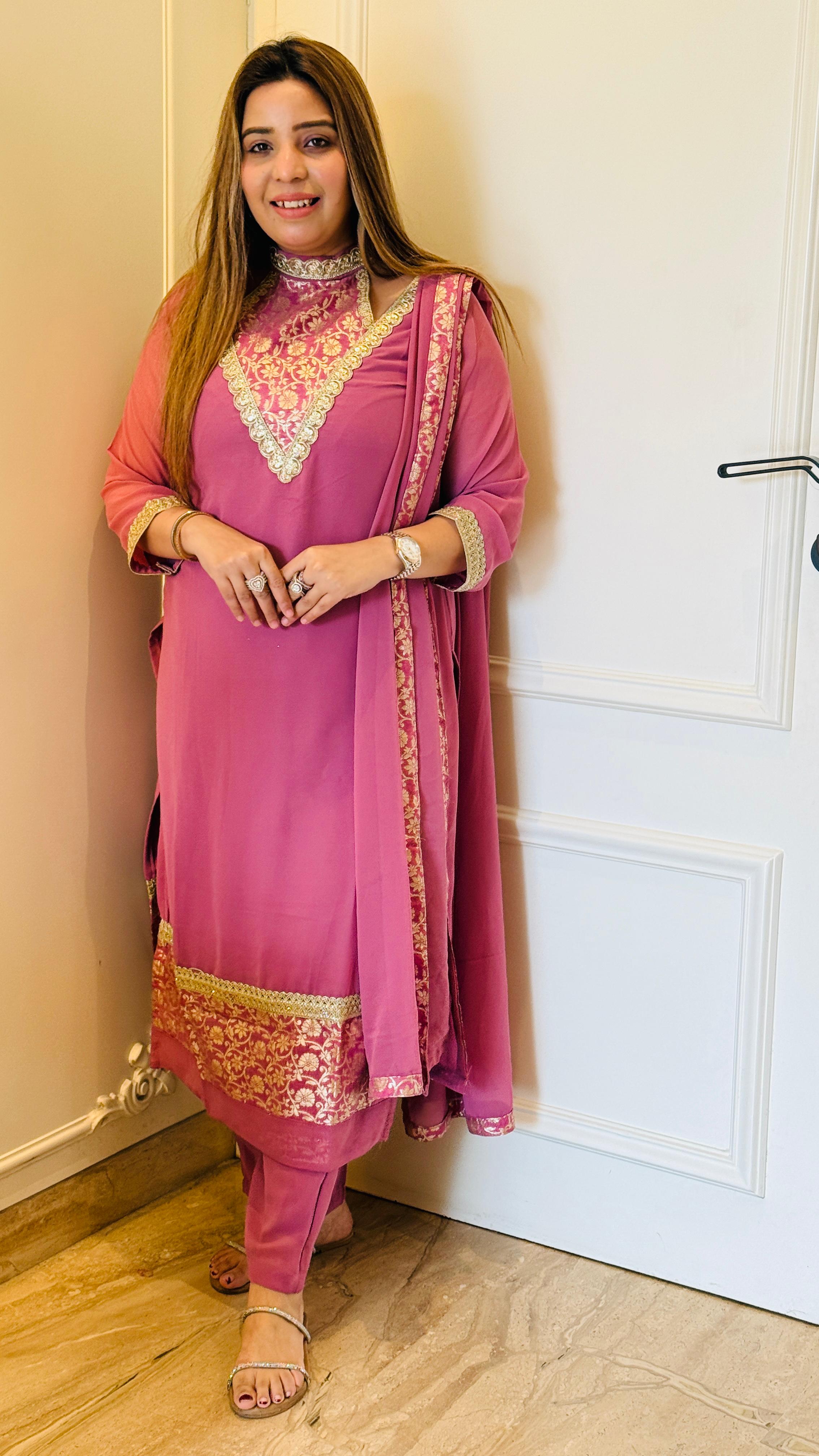 Pink & Gray Aarohi Brocade Suit Set